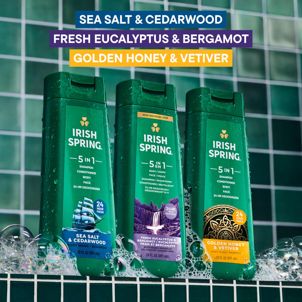 Irish Spring sea salt and cedarwood styling image evoking crisp and warm scent profile