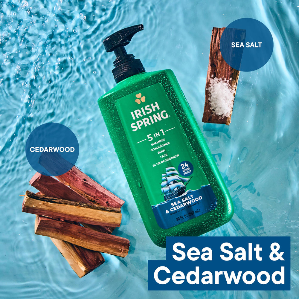 Irish Spring bottle on bathroom shelf to show 30 fl oz scale and fewer replacements needed
