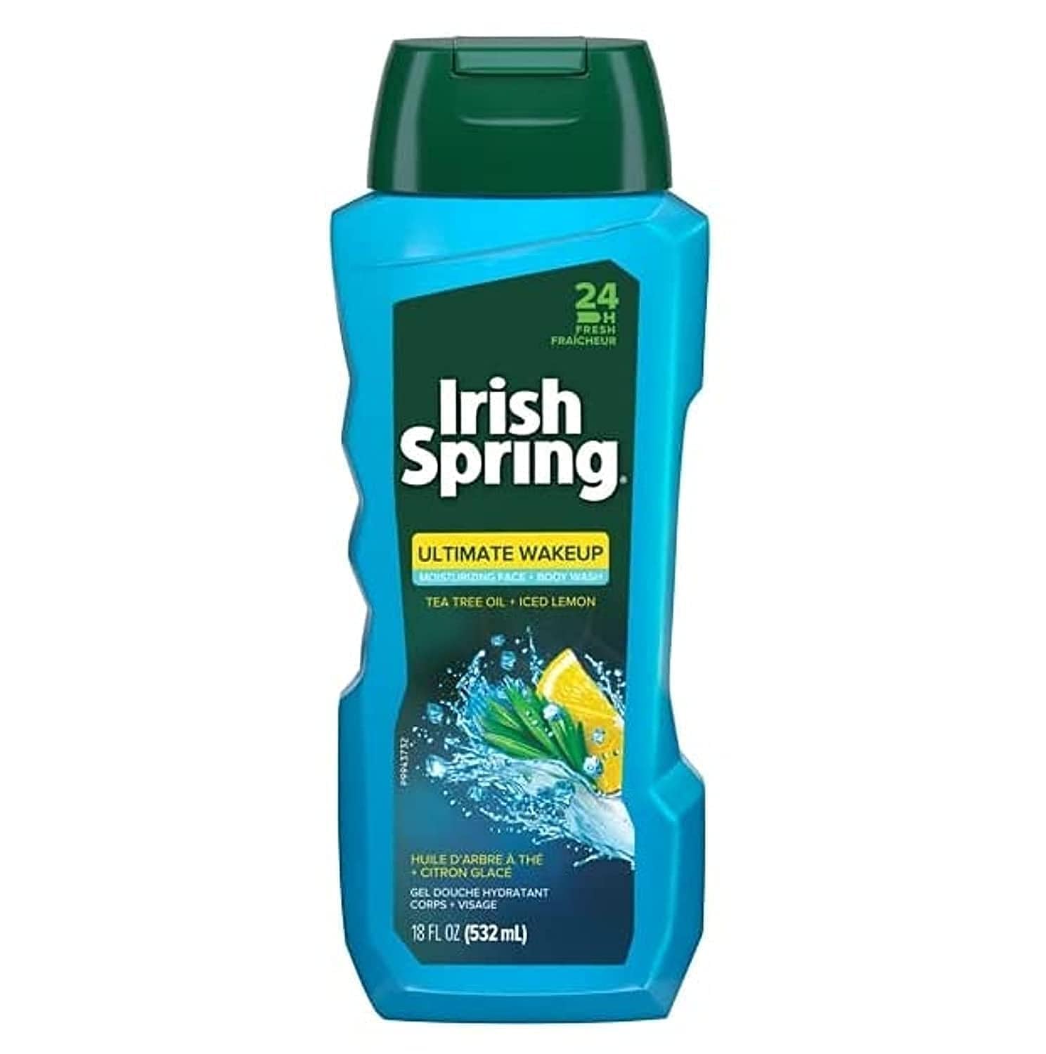 Irish Spring Ultimate Wake Up front bottle showing label and 18 fl oz size for reliable daily freshness