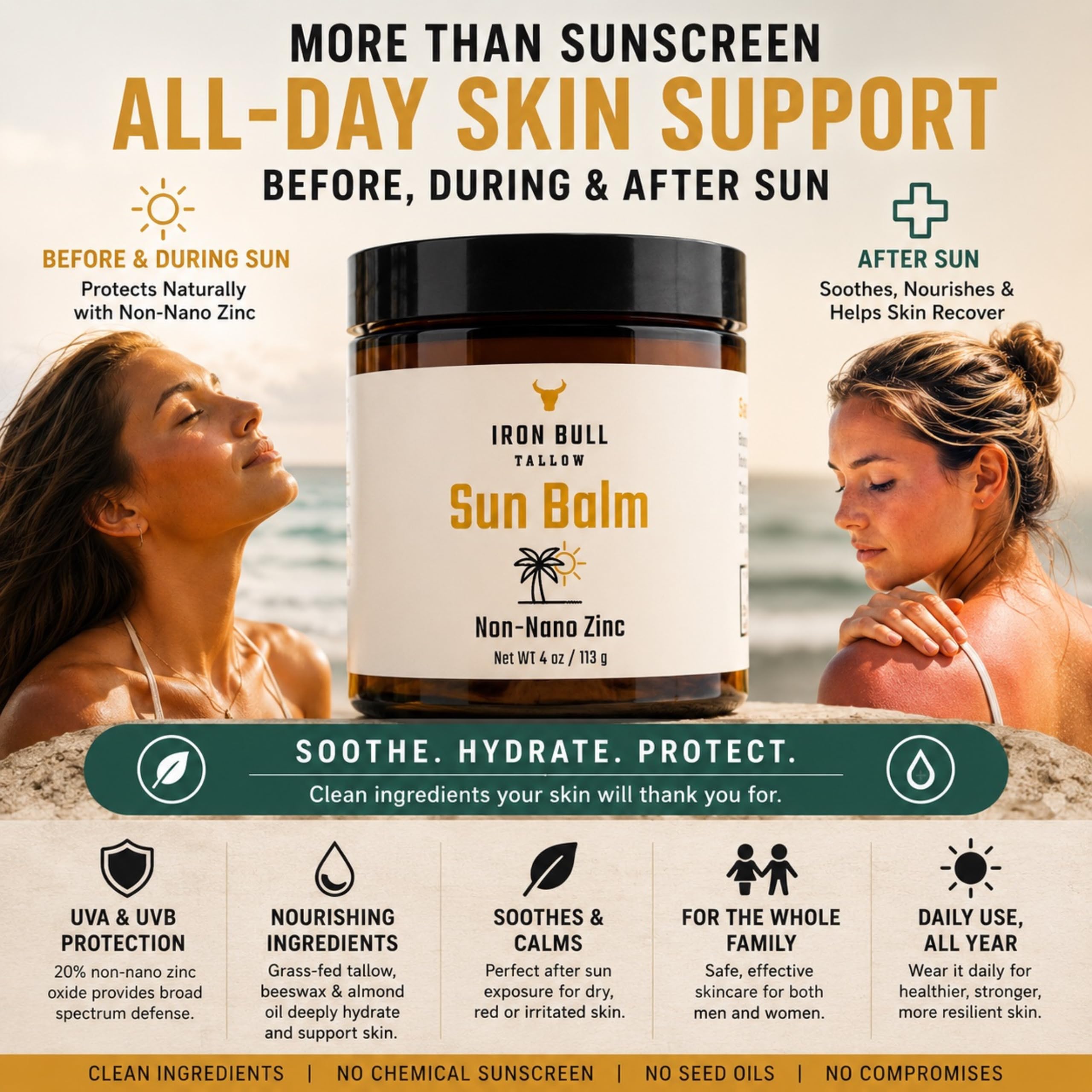 Iron Bull Tallow in beach scene for outdoor sun protection benefit