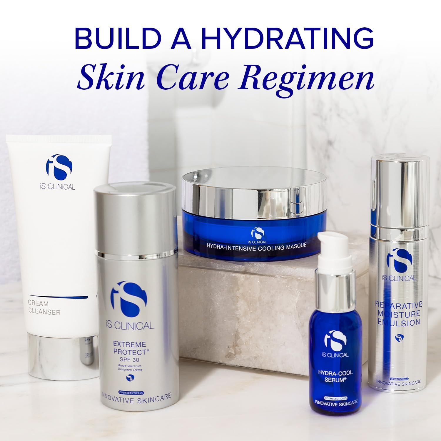 iS CLINICAL placed on bathroom shelf showing everyday skincare routine benefit