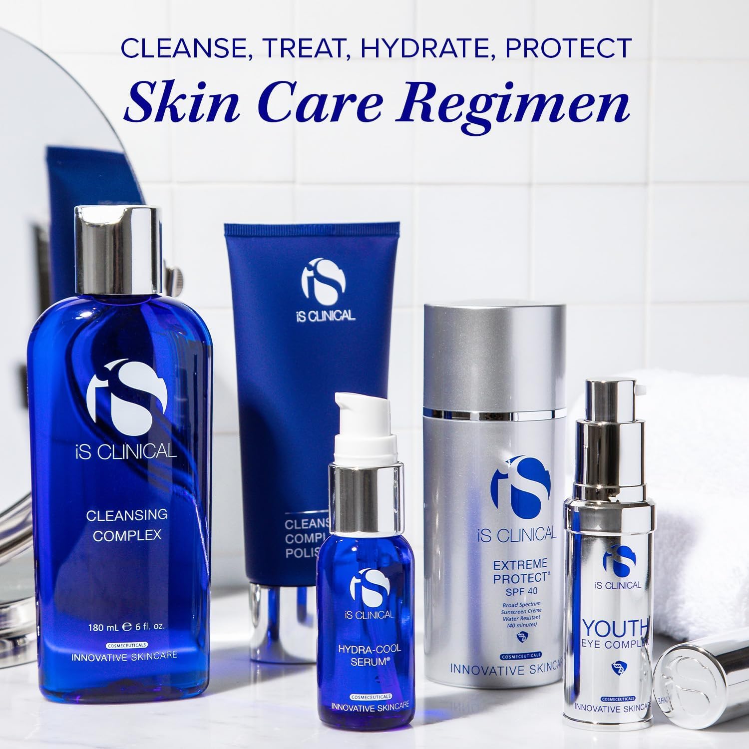 iS CLINICAL on bathroom sink in a skincare routine setting, promoting everyday polish