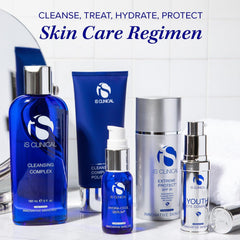 iS CLINICAL on bathroom sink in a skincare routine setting, promoting everyday polish