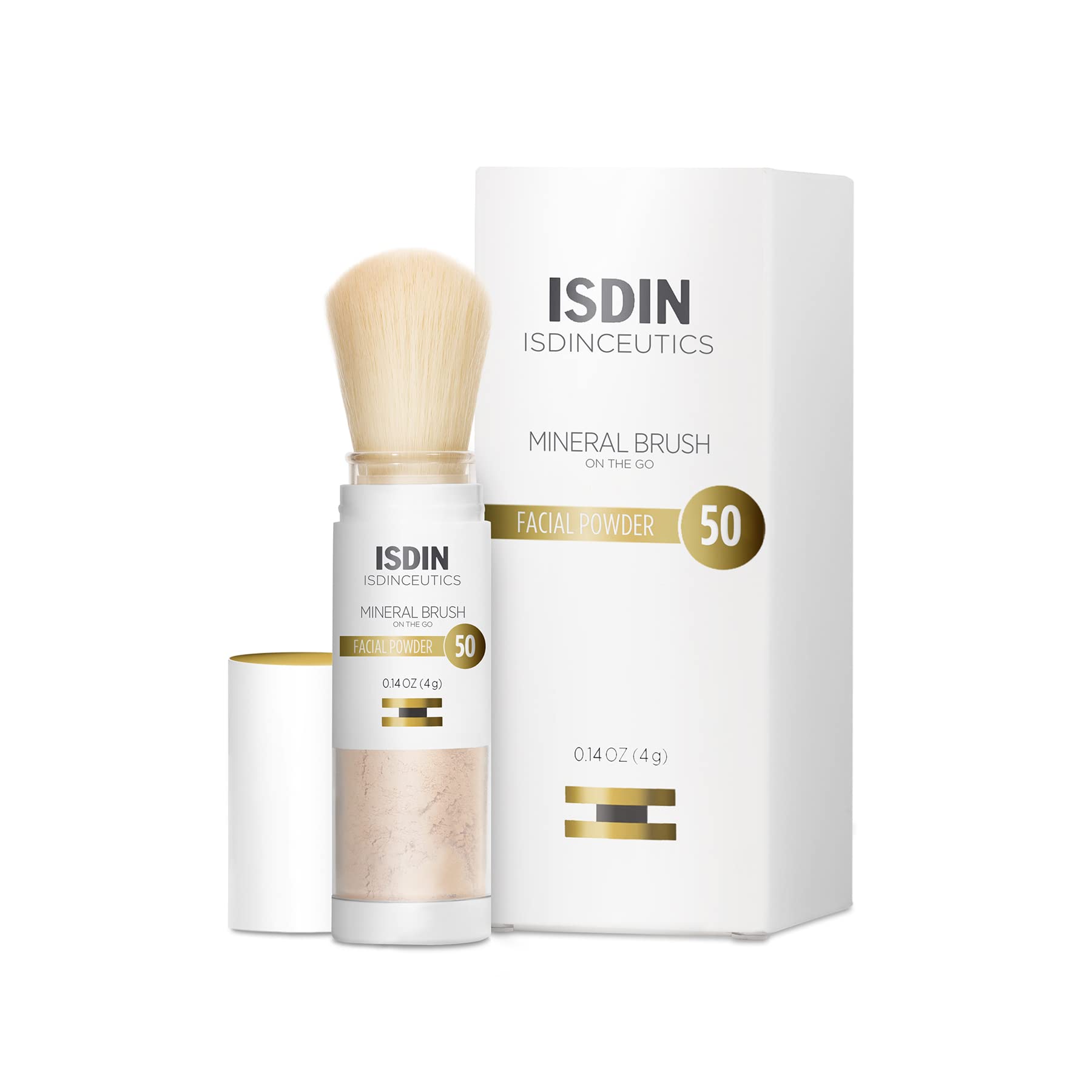 ISDIN front packaging showing compact brush SPF 50 and travel convenience