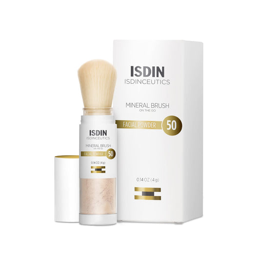 ISDIN front packaging showing compact brush SPF 50 and travel convenience