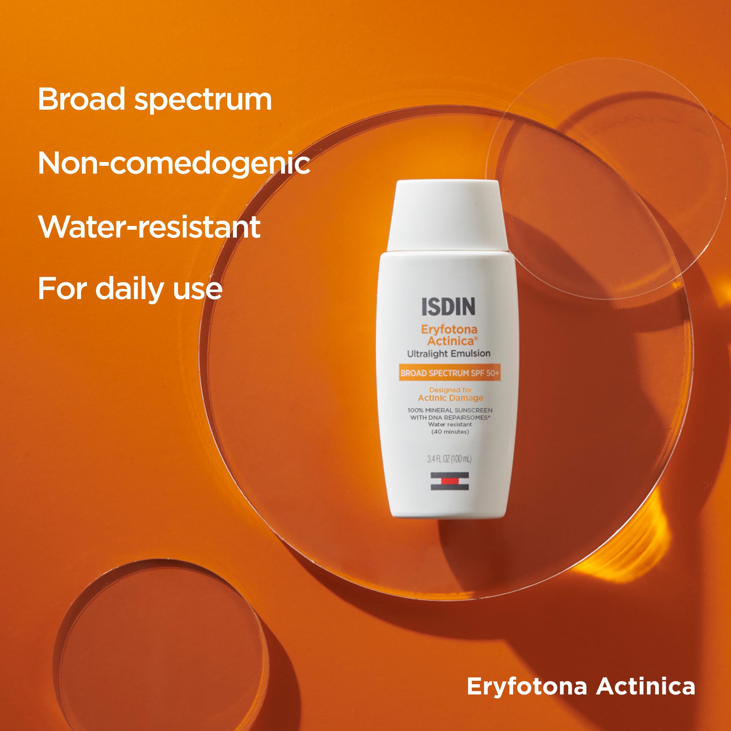 ISDIN tube beside common items to show 3.4 fl oz size advantage