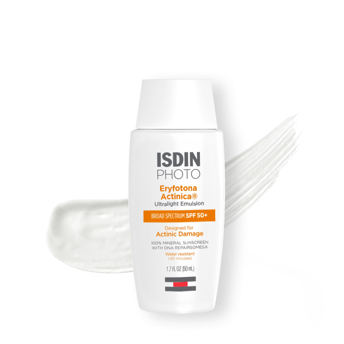 ISDIN front tube showing SPF 50+ mineral sunscreen benefits
