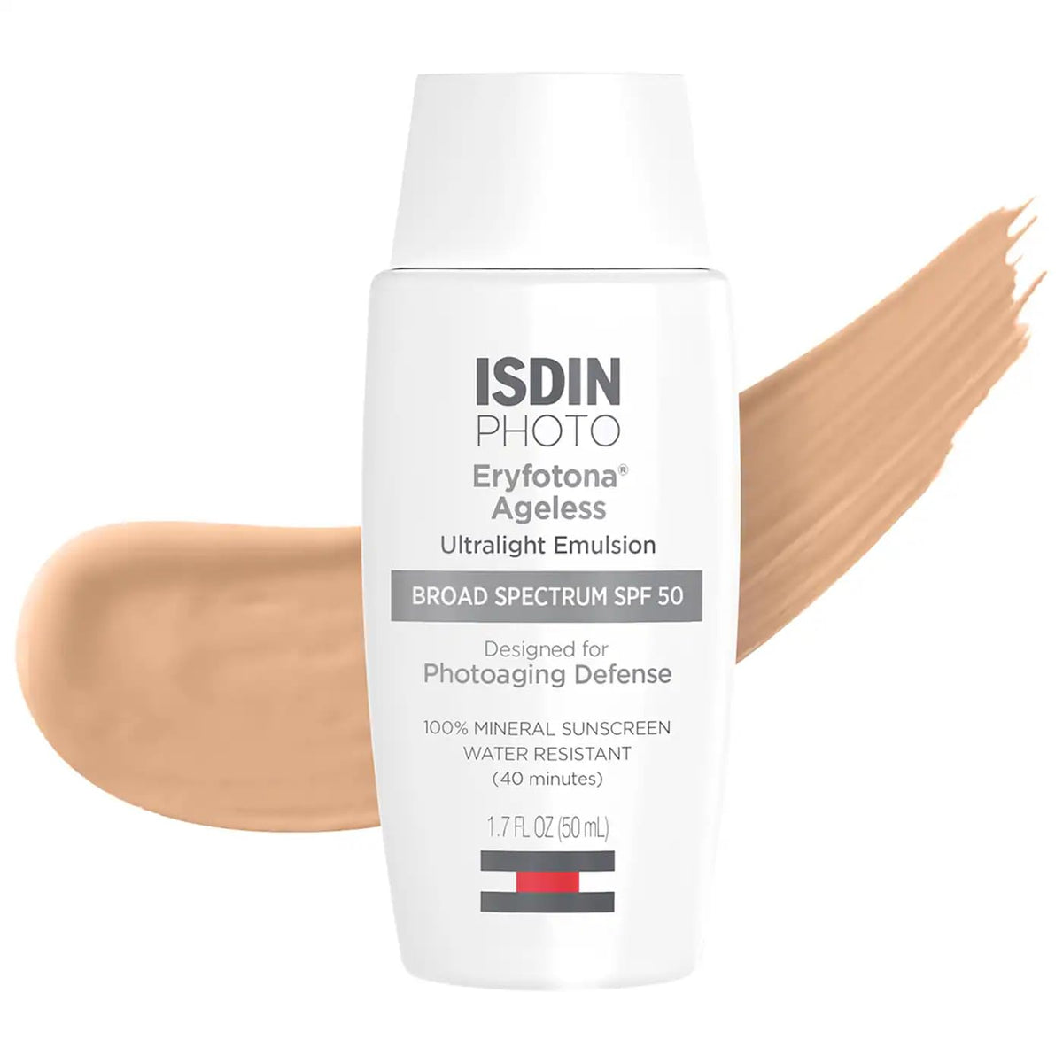 ISDIN Eryfotona Ageless front tube showing SPF 50 protection and tinted finish