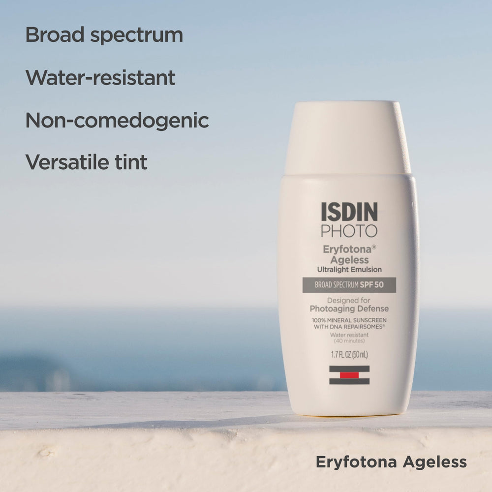 ISDIN Eryfotona Ageless ingredients label highlighting zinc oxide and antioxidants
