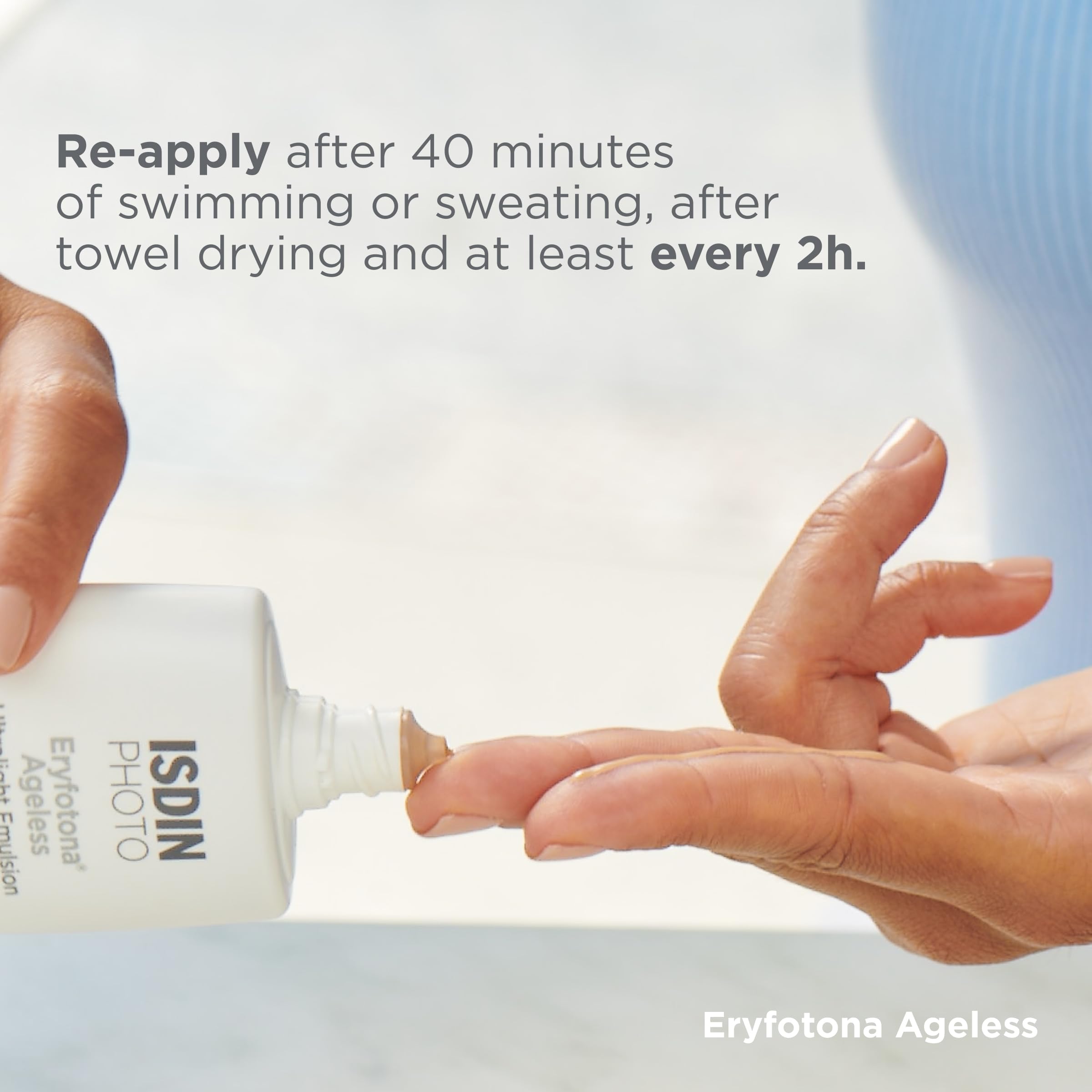 ISDIN Eryfotona Ageless 3.4 fl oz size comparison showing travel-friendly benefit