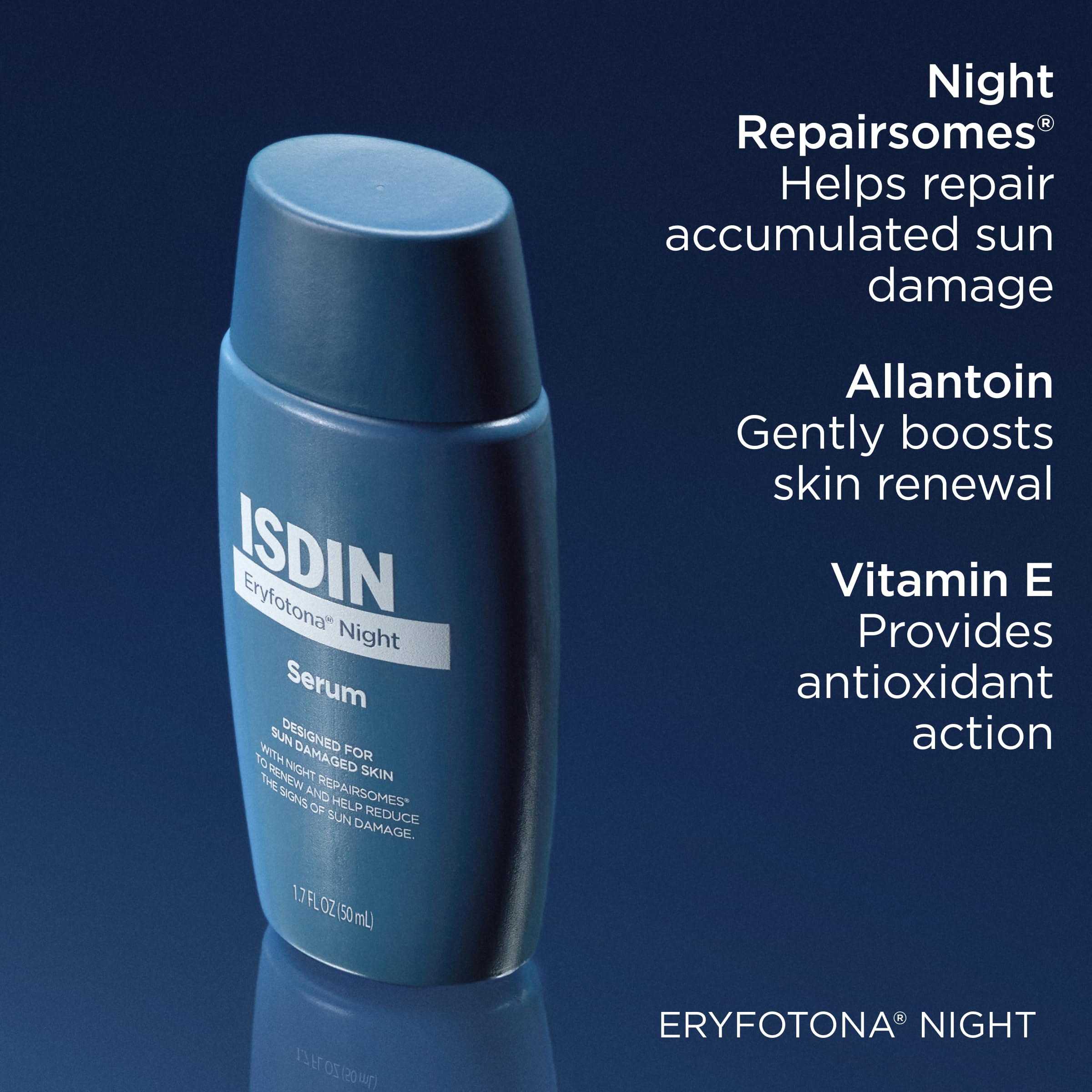 ISDIN Eryfotona Night ingredient display highlighting Night Repairsomes and vitamin E support