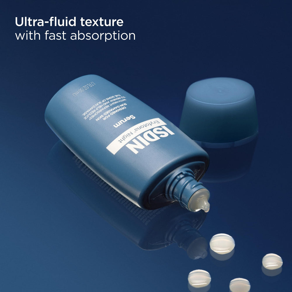 ISDIN Eryfotona Night dispensing pump showing smooth ultra-fluid serum application