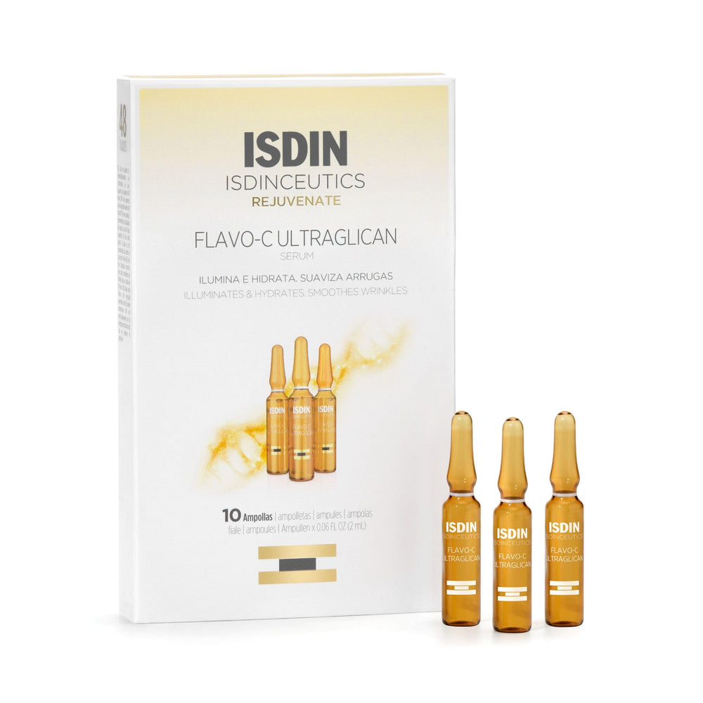 ISDIN front packaging of Flavo-C ampoules showing product and benefits