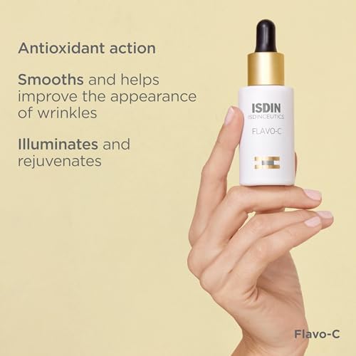 ISDIN Flavo-C pump dispensing a drop, illustrating controlled application