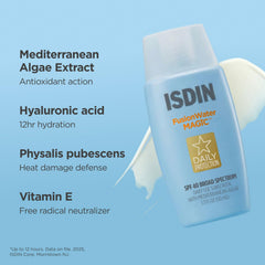 ISDIN next to a 1.7 fl oz rule to show travel-friendly size and portability