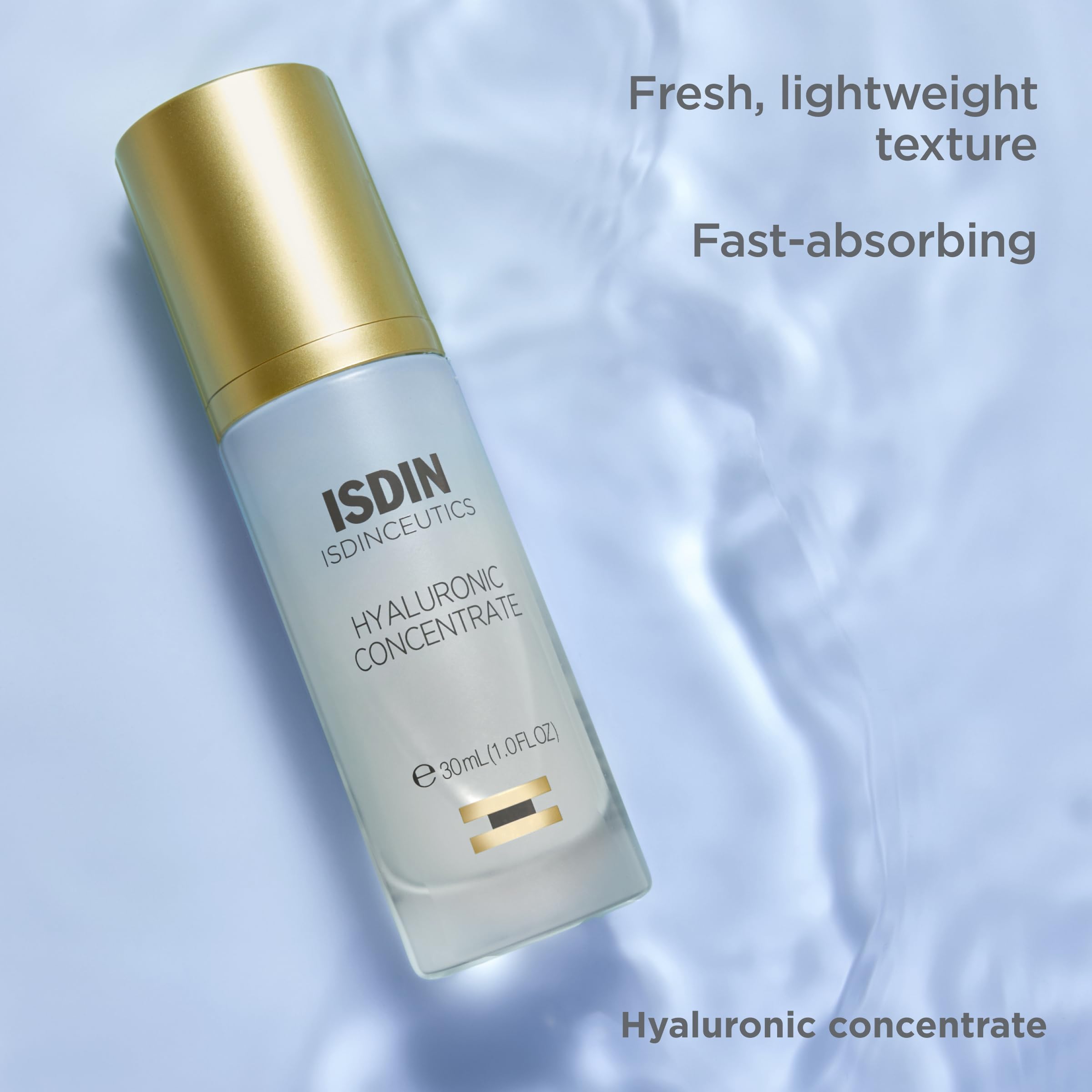 ISDIN ingredients panel label focused on hyaluronic and peptide benefits