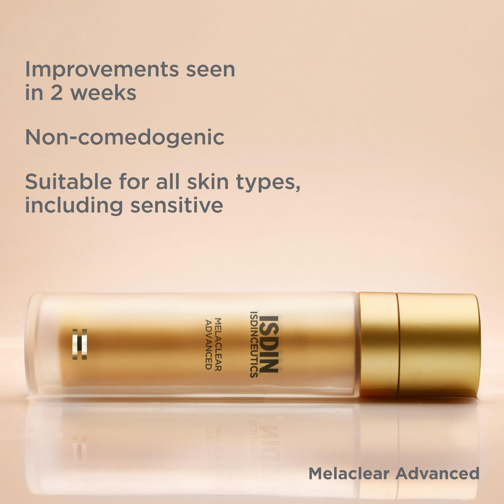 ISDIN Melaclear bottle next to sunscreen suggesting daytime protection pairing