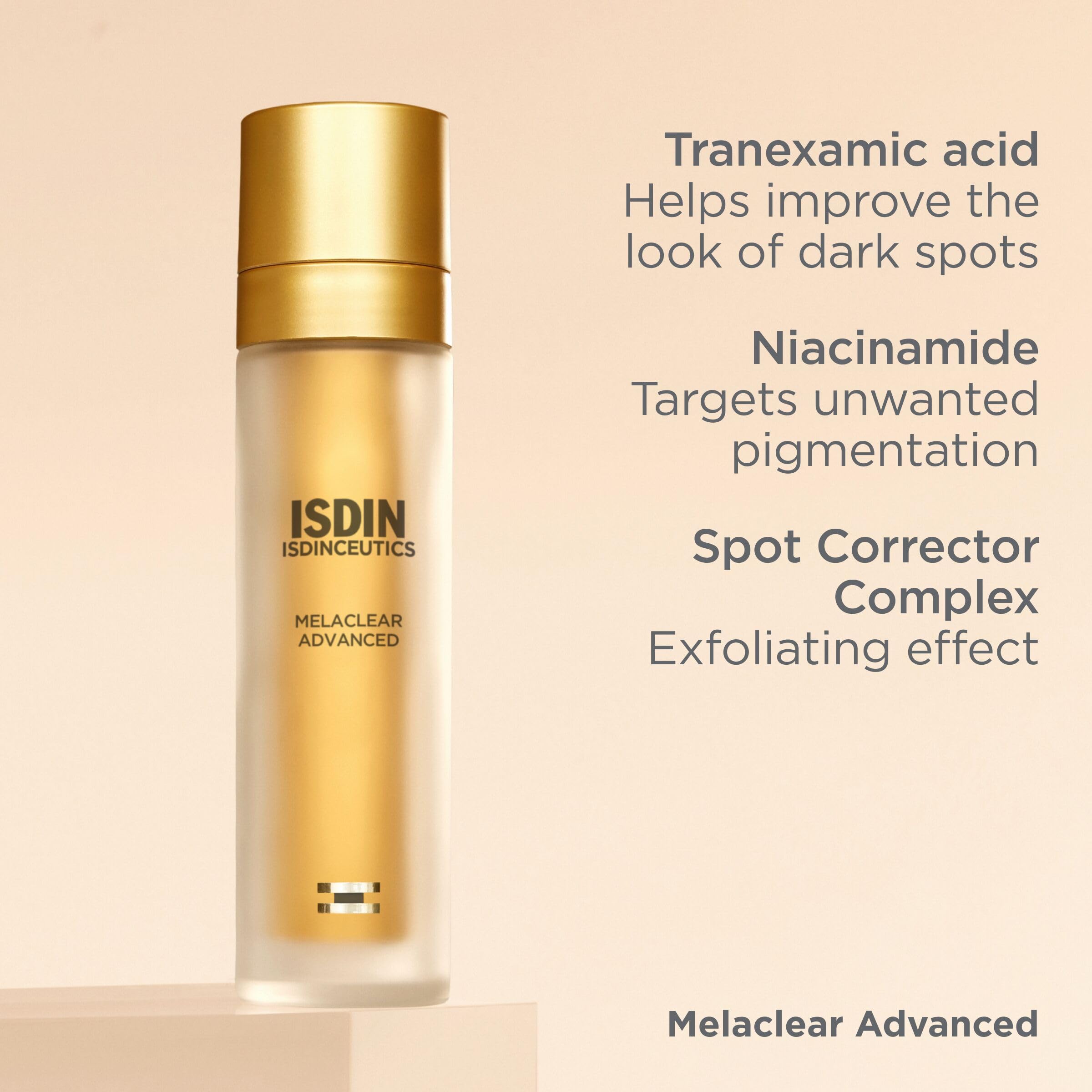 ISDIN Melaclear on vanity in lifestyle setting communicating daily routine use