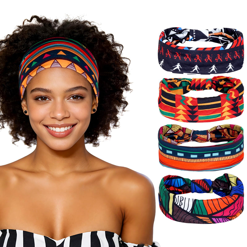 Ishua front view of four headbands showing vibrant African-inspired patterns and styling versatility