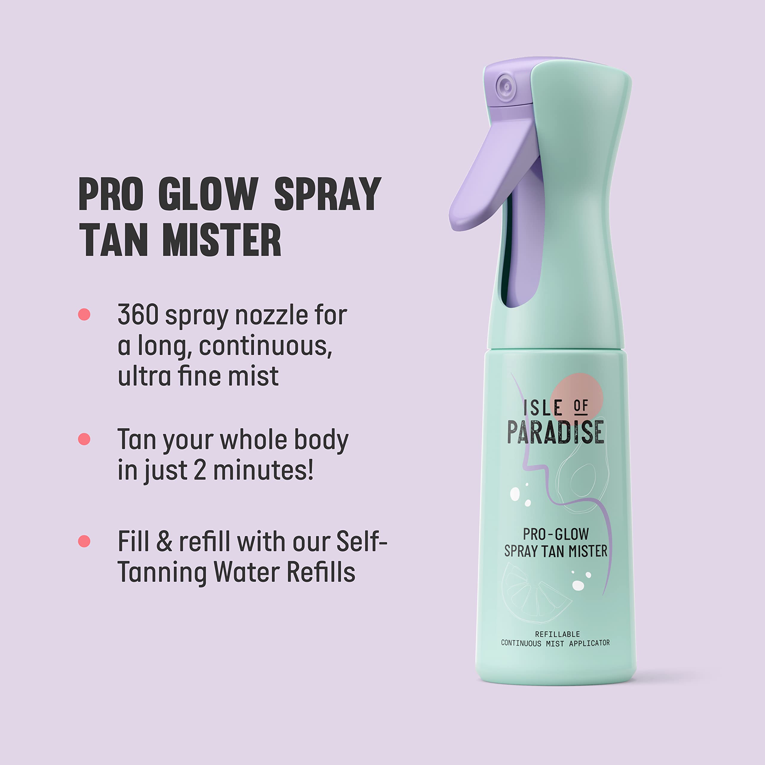 Isle of Paradise mister spraying fine mist onto forearm illustrating seamless, streak-free coverage
