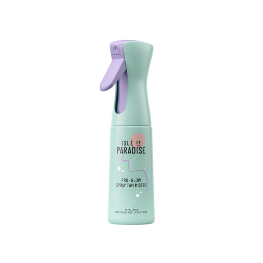 Isle of Paradise mister front view showing refillable bottle and ergonomic grip for easy spraying