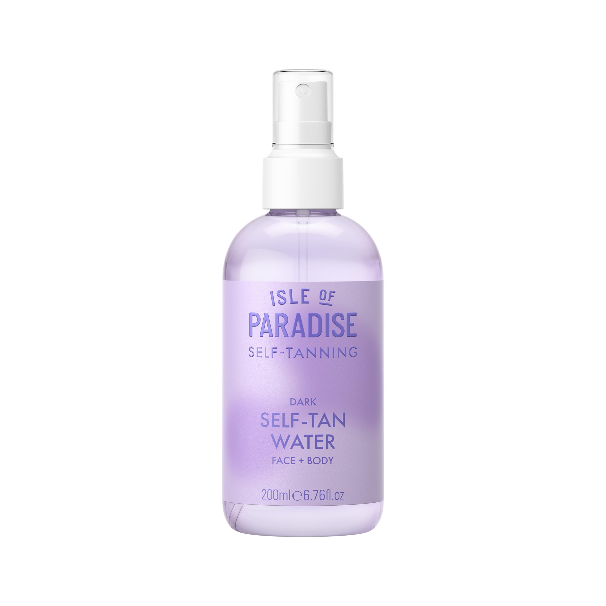 Isle of Paradise bottle front view showing clear tanning water and branding, fast drying benefit