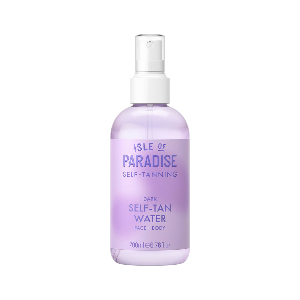 Isle of Paradise bottle front view showing clear tanning water and branding, fast drying benefit