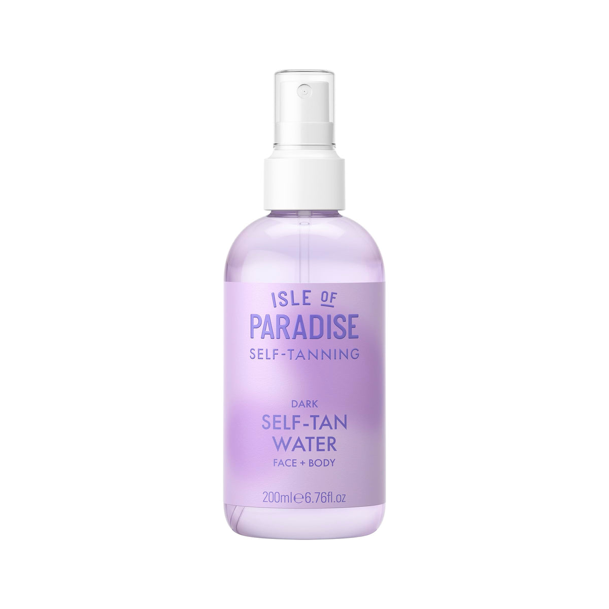 Isle of Paradise bottle front view showing clear tanning water and branding, fast drying benefit