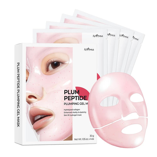 IsNtree front packaging showing four plum peptide gel mask sheets and benefits