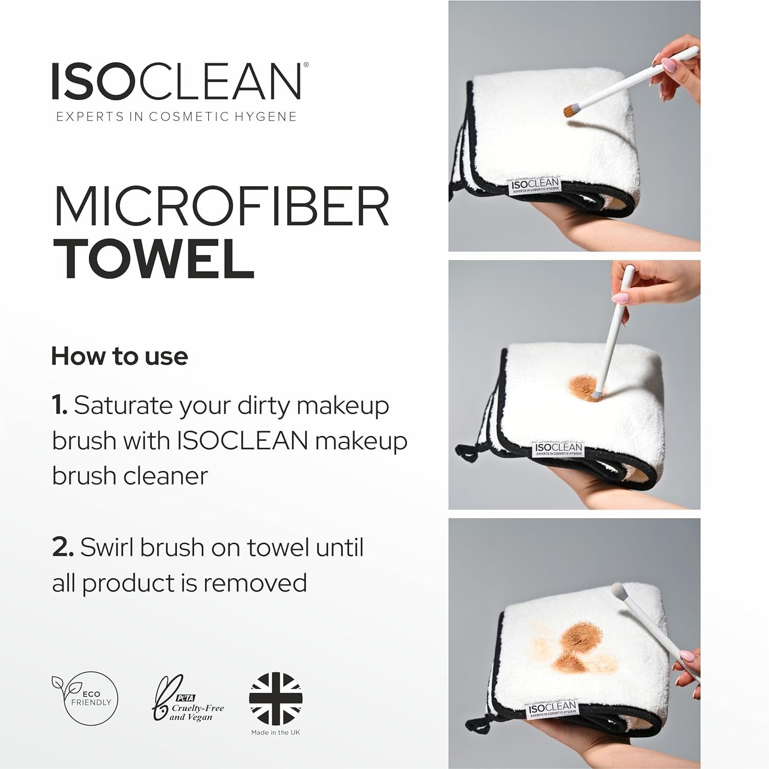Isoclean towel with before and after brush showing effective cleaning results