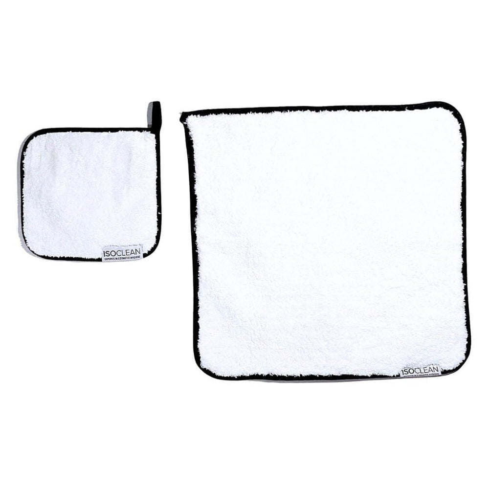Isoclean towel packed inside a cosmetic bag conveying easy travel storage benefit