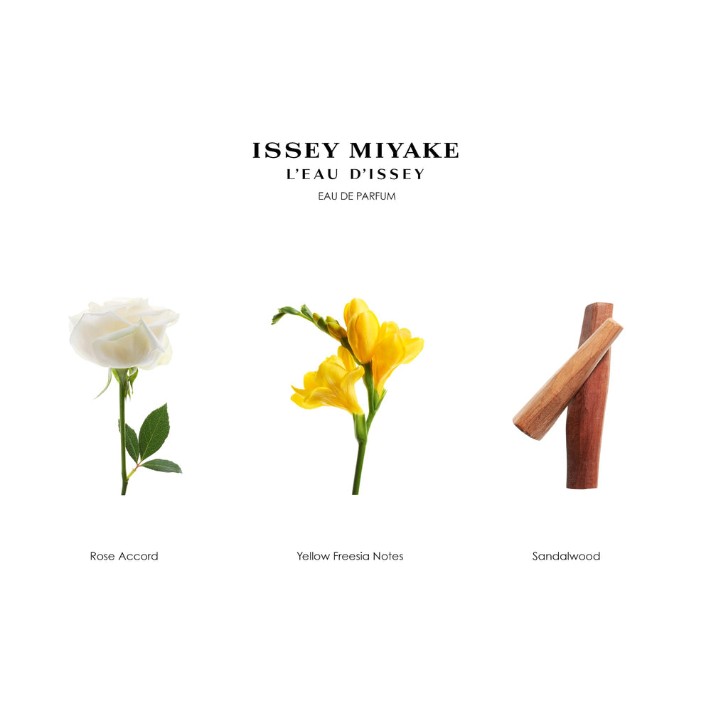 Issey Miyake label close-up highlighting product name and premium ingredient clarity benefit