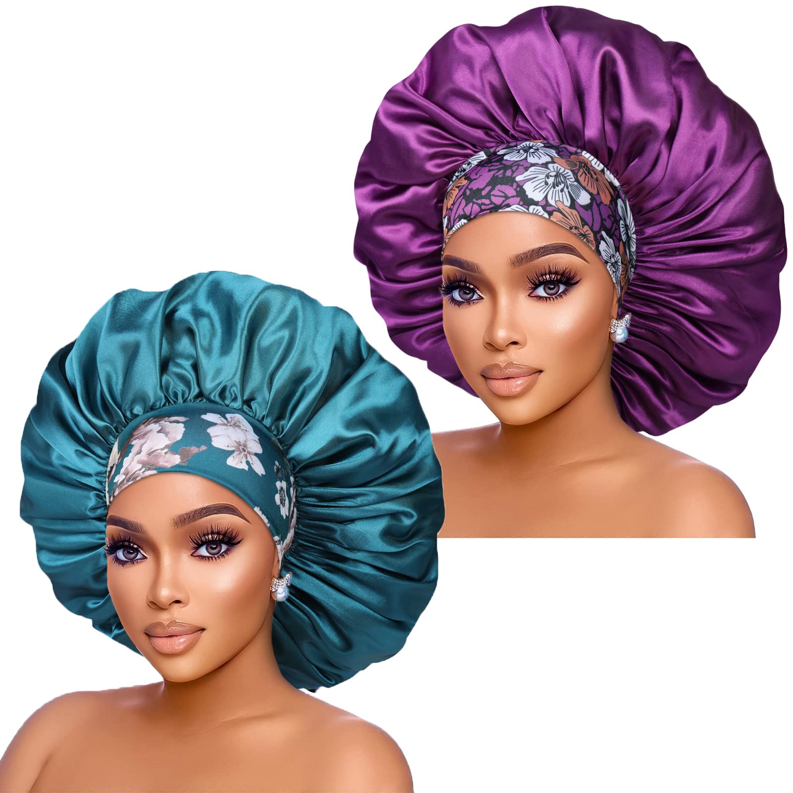 Isshin Beauty front view purple and teal bonnets showing roomy fit and colors