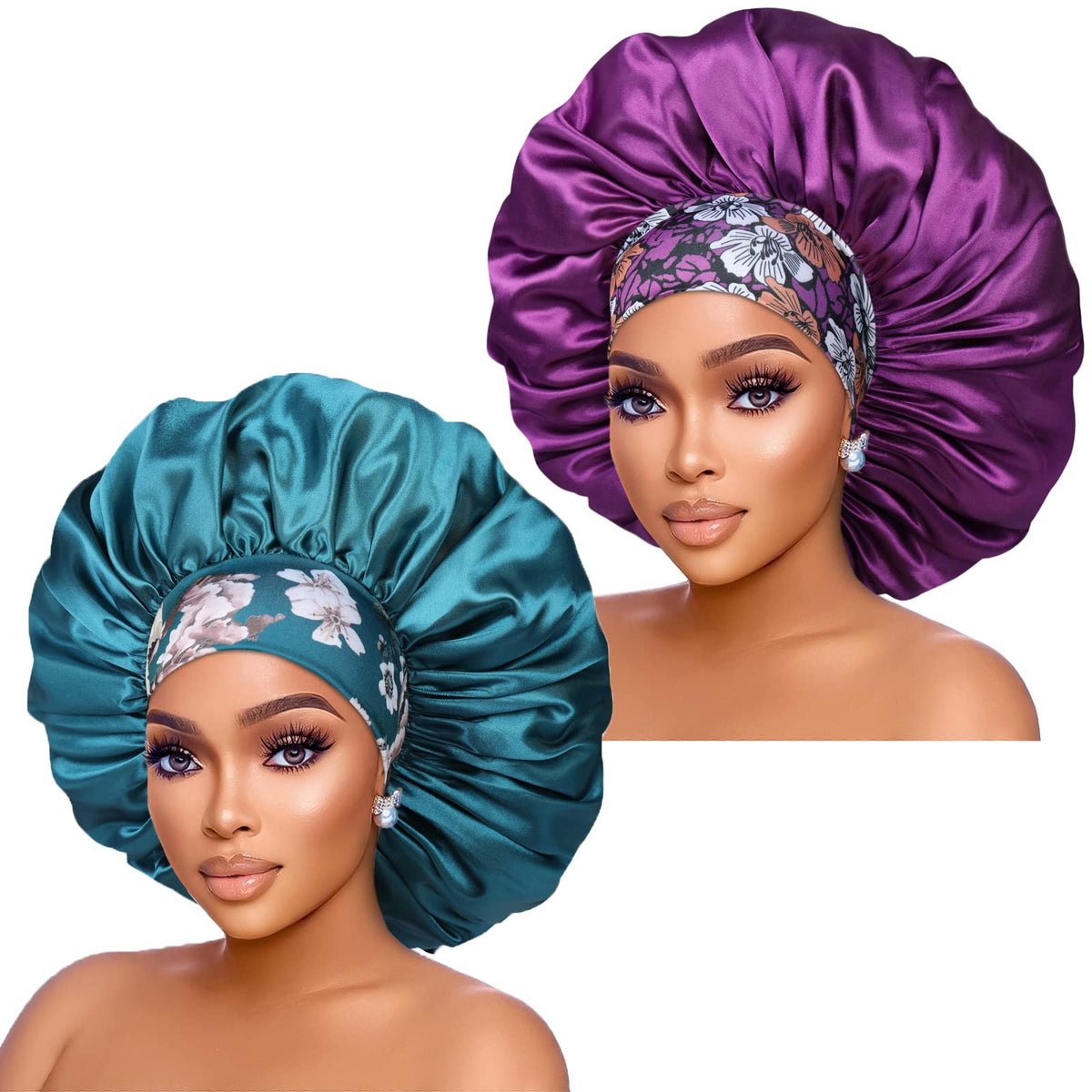 Isshin Beauty front view purple and teal bonnets showing roomy fit and colors