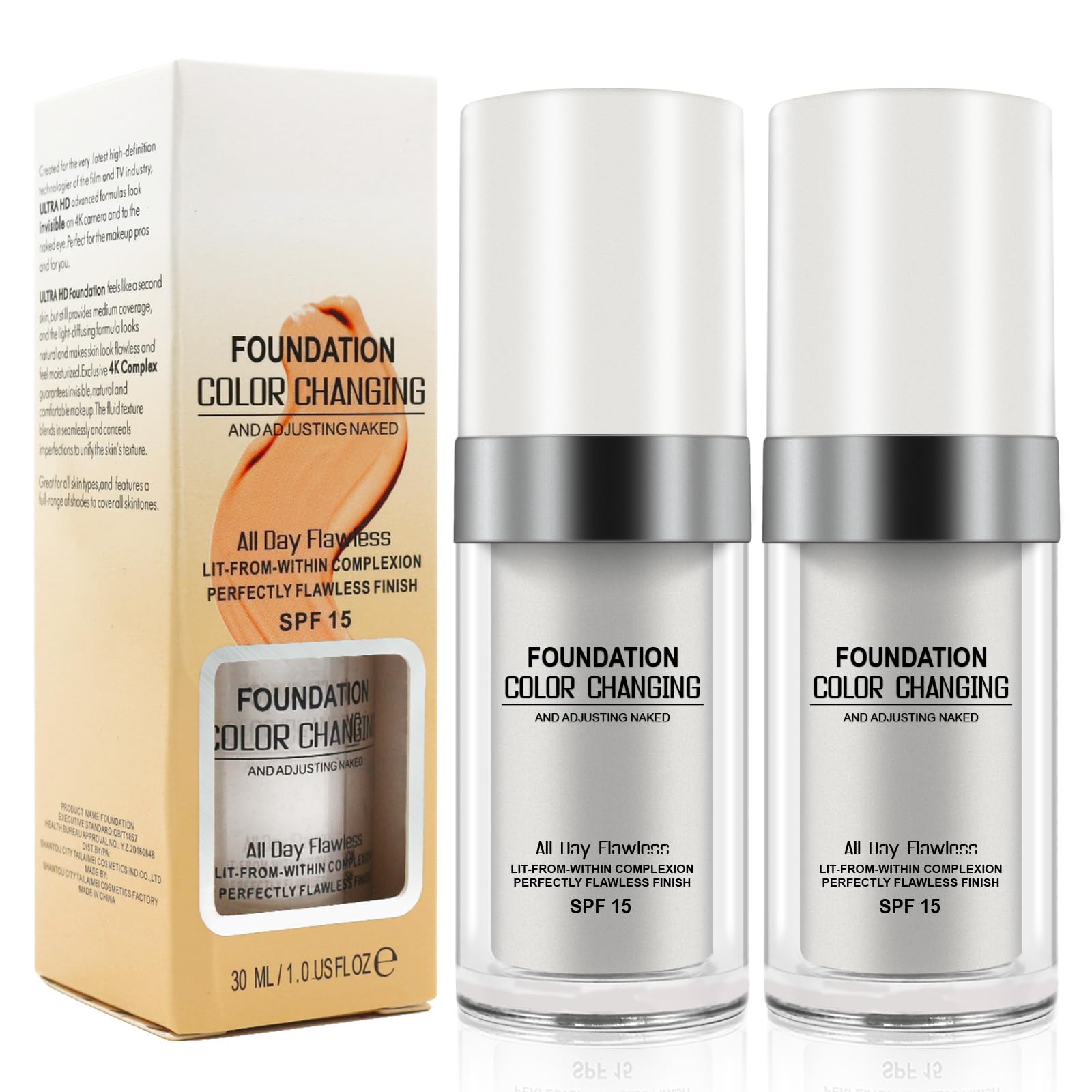 ISUNRISE front packaging showing the two foundation bottles and branding benefits