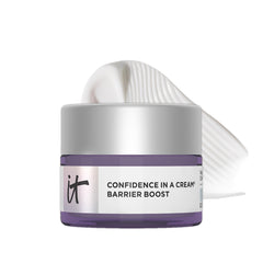IT Cosmetics front jar view showing compact barrier repair moisturizer for travel