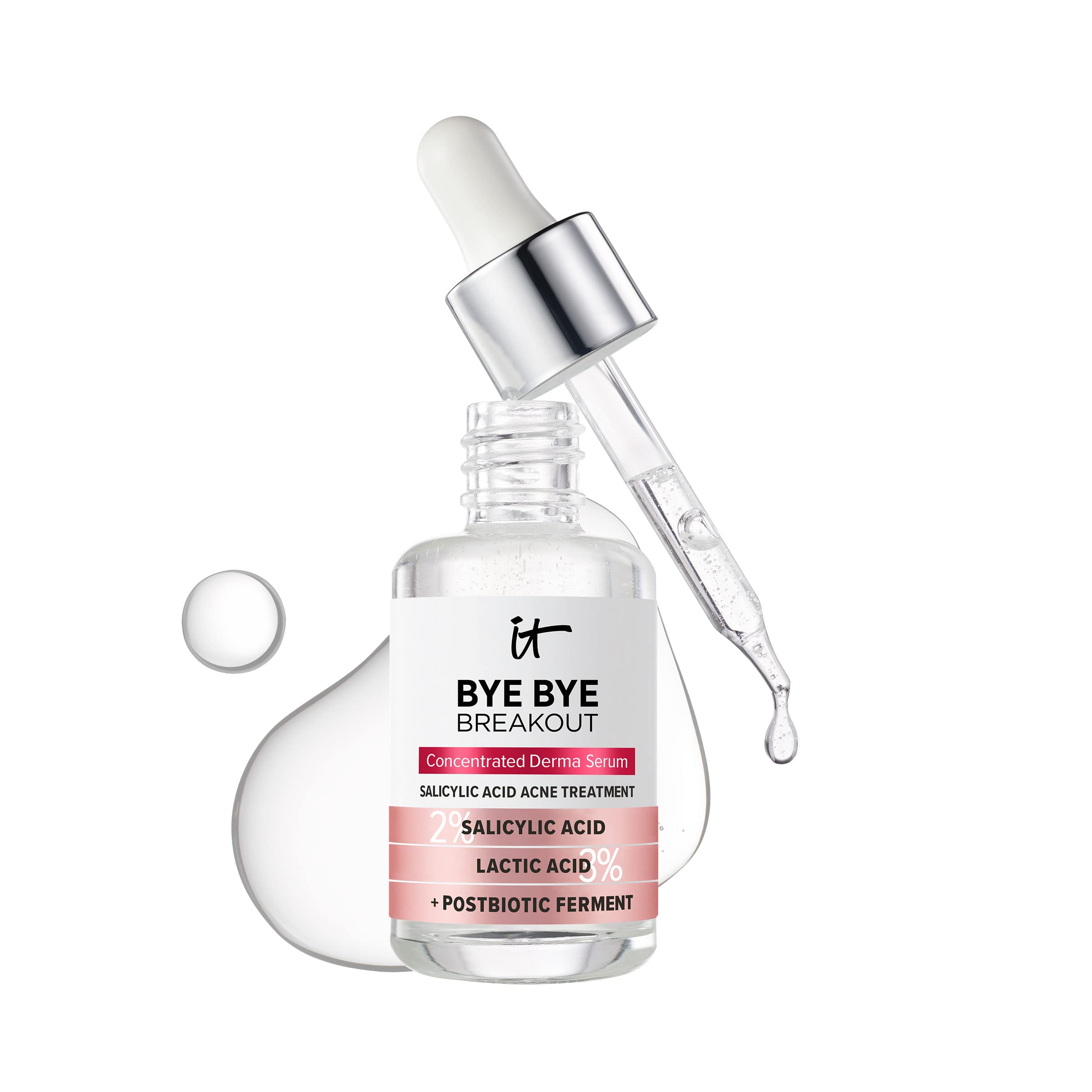 IT Cosmetics front packaging of Bye Bye Breakout serum showing bottle and label benefits