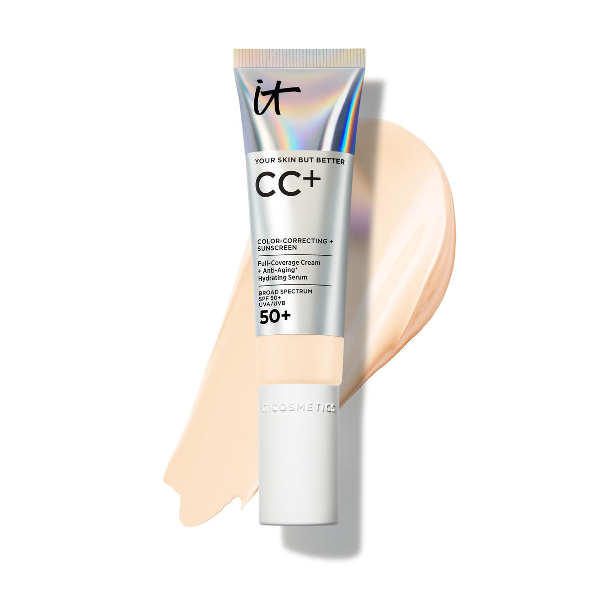 IT Cosmetics CC+ Cream front bottle showing shade Fair Warm and benefits