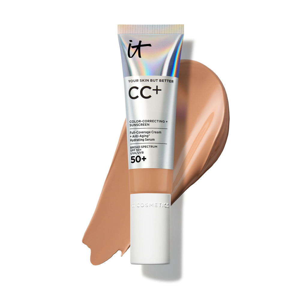 IT Cosmetics CC+ front packaging showing shade Tan and benefits