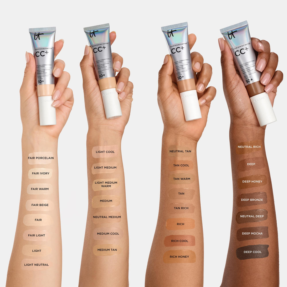 IT Cosmetics CC+ SPF 50+ label closeup showing clear sun protection benefit
