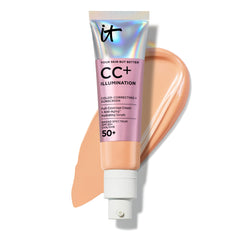 IT Cosmetics front bottle view showing medium tan shade and radiance benefit