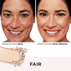 IT Cosmetics powder being applied with brush demonstrating buildable coverage and quick touch-up benefit
