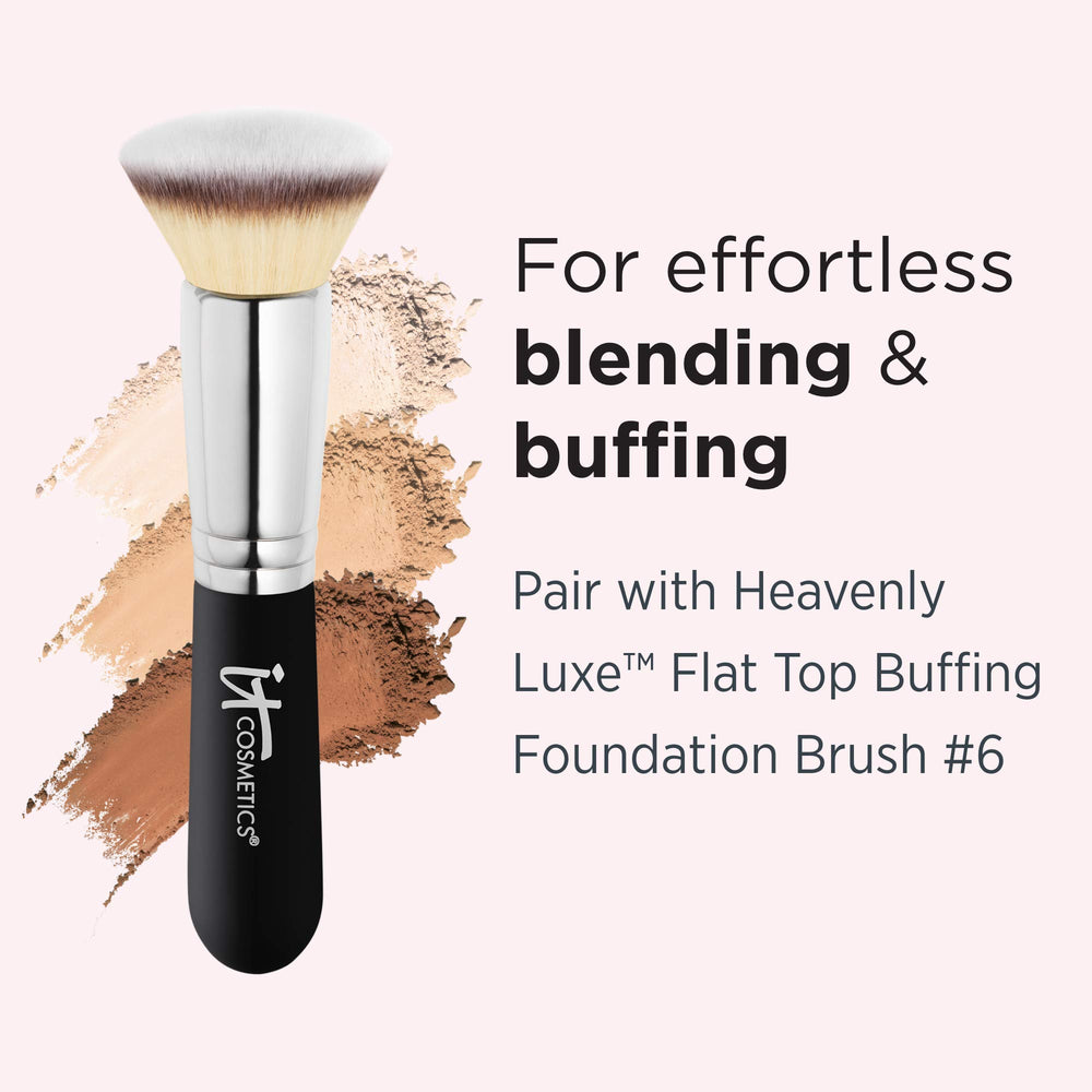 IT Cosmetics compact on vanity with mirror demonstrating radiant finish for photographed skin