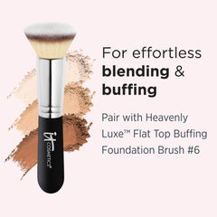 IT Cosmetics compact on vanity with mirror demonstrating radiant finish for photographed skin