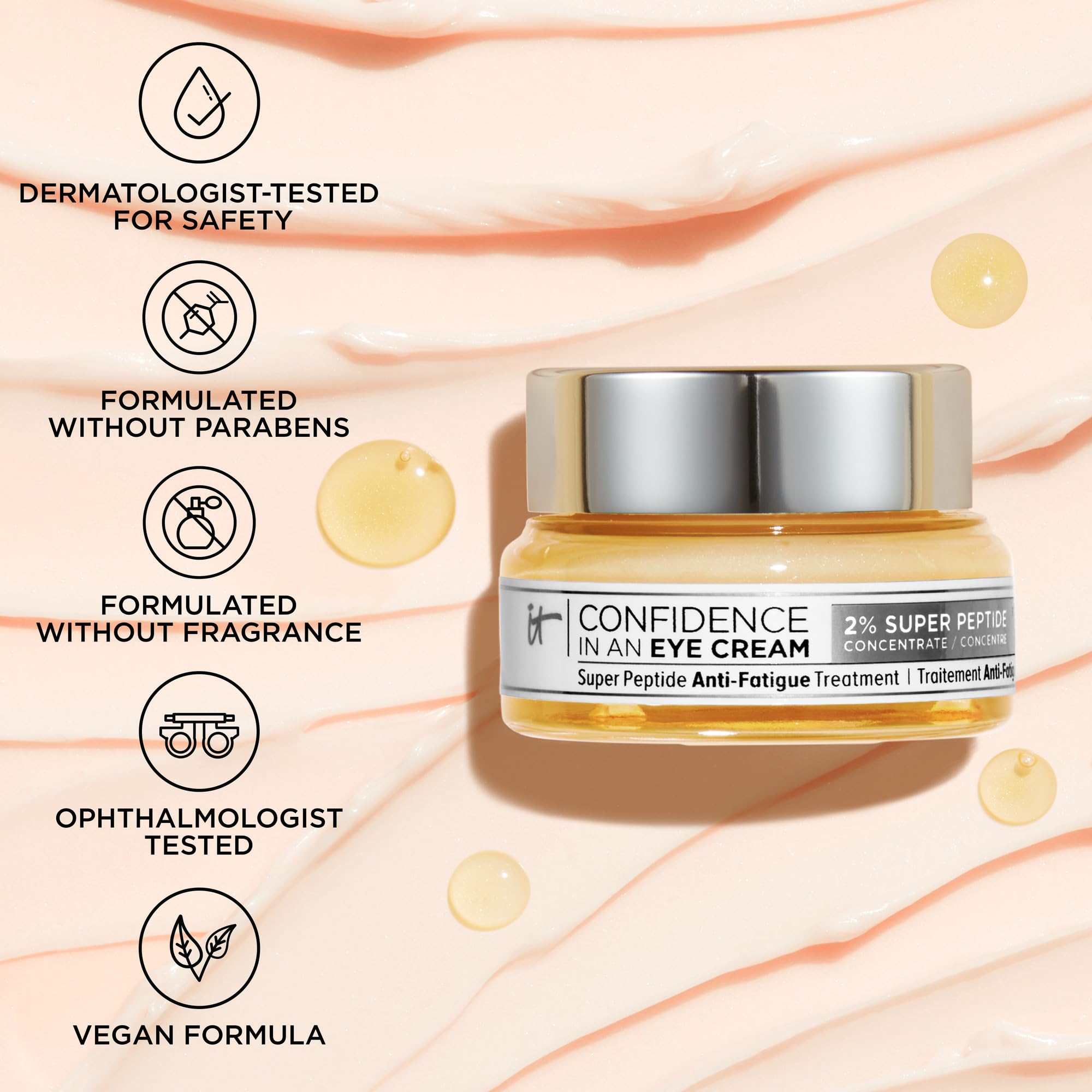IT Cosmetics product label close-up showing formulation details and clean design benefit