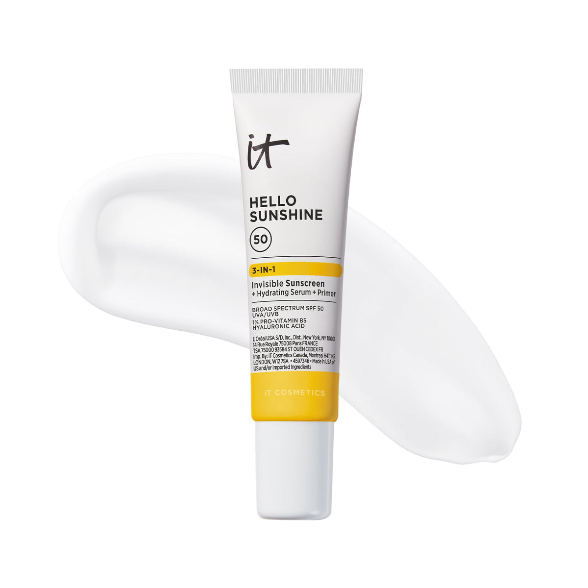 IT Cosmetics Hello Sunshine front tube showing clear SPF and volume