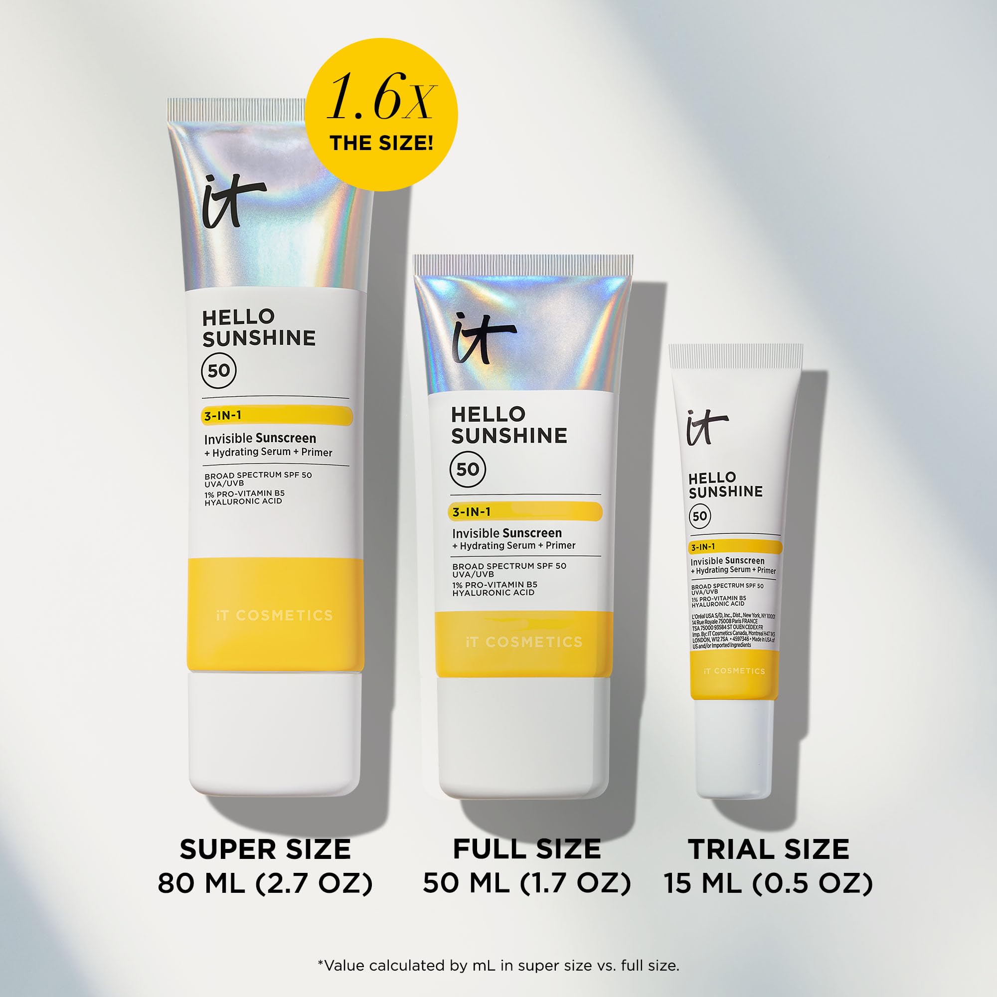 IT Cosmetics Hello Sunshine hyaluronic acid and pro‑vitamin B5 ingredients depiction