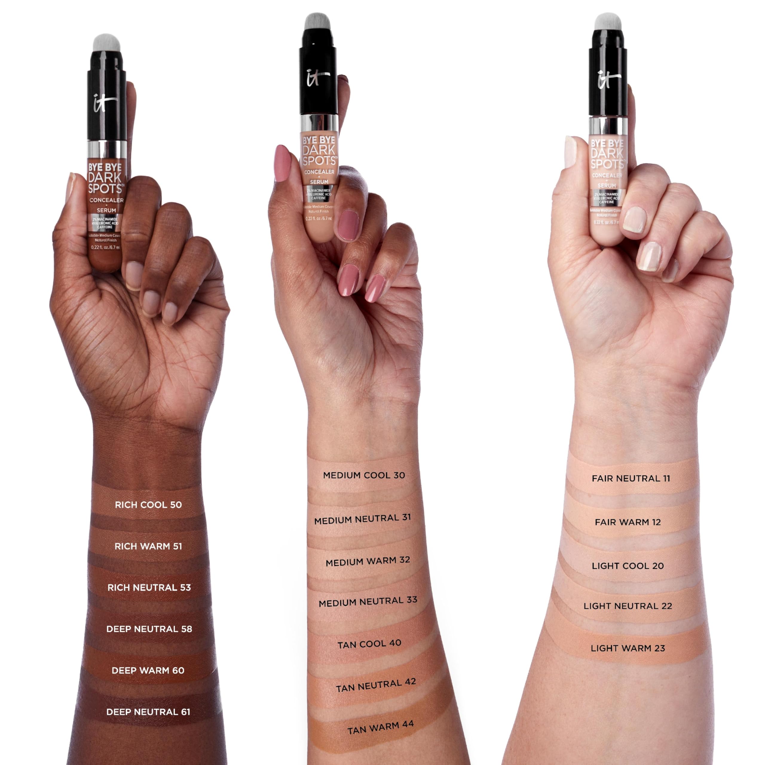 IT Cosmetics ingredients display highlighting niacinamide hyaluronic caffeine benefits