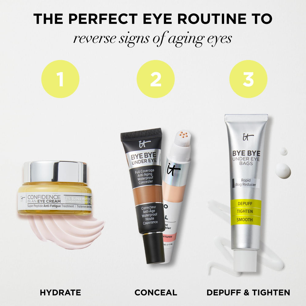 IT Cosmetics lifestyle shot of woman applying under-eye product, promotes confidence