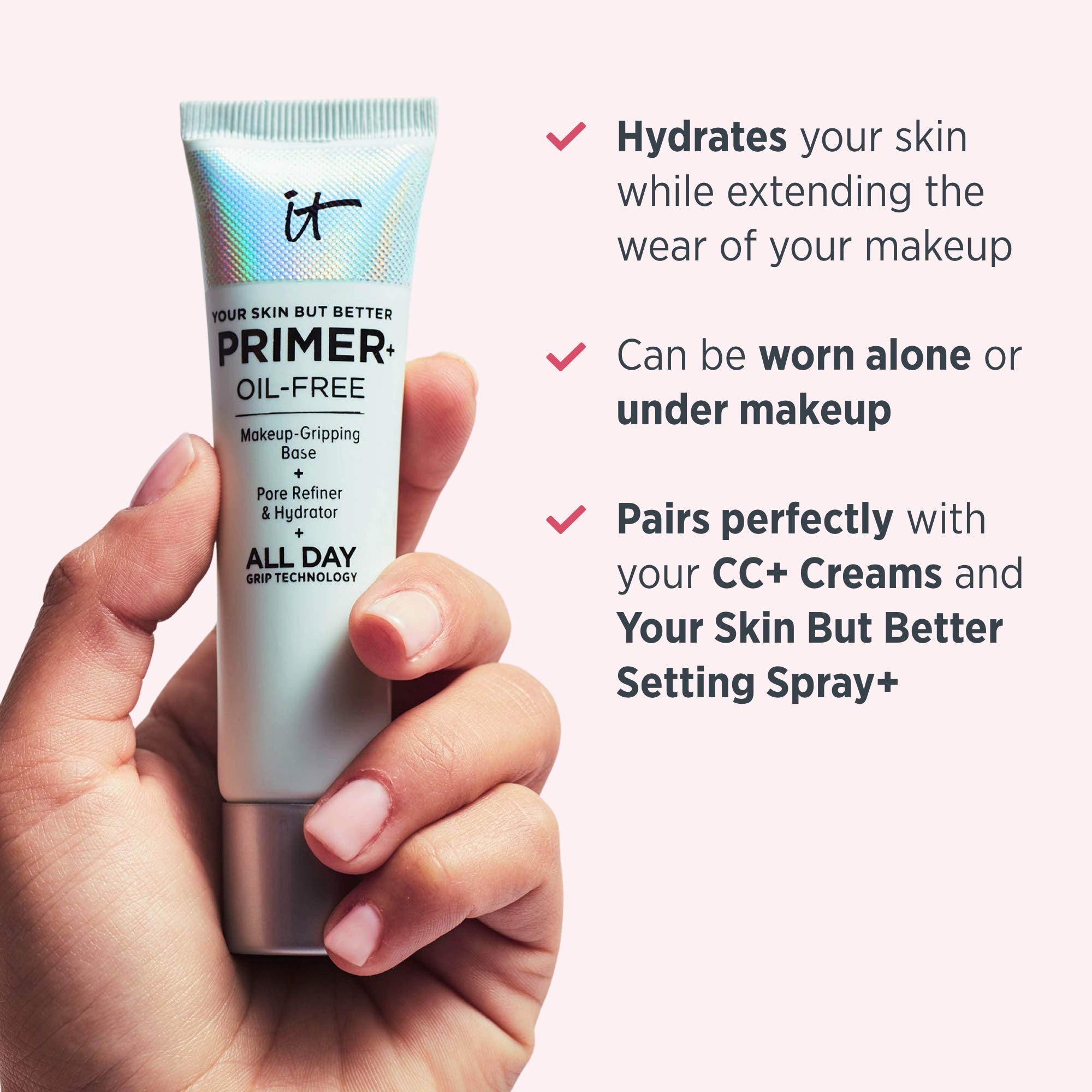 IT Cosmetics primer on bathroom vanity next to skincare suggesting daily routine benefit: integrates with regimen